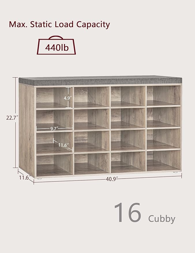 DINZI LVJ Shoe Storage Bench with Cushion, 16-Cubby Shoe Rack, Adjustable Shelves, Multifunctional Shoe Organizer Bench for Entryway, Mudroom, Hallway, Living Room, Bedroom and Garage, Greige