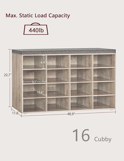 DINZI LVJ Shoe Storage Bench with Cushion, 16-Cubby Shoe Rack, Adjustable Shelves, Multifunctional Shoe Organizer Bench for Entryway, Mudroom, Hallway, Living Room, Bedroom and Garage, Greige