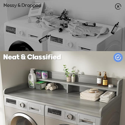 2-Tier Washer and Dryer Countertop with 2.75" H Guard,58" W x 28" D Laundry Countertop Cover with Non-Slip Pad,Large Space Laundry Topper for Folding Clothes Over Washer and Dryer-Stripe Gray