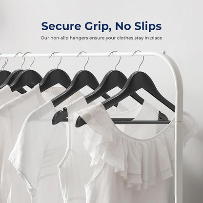 SereneLife 50-Pack Wooden Coat Hangers – Durable Suit Hangers with 360° Swivel Hook & Notches – Slim Design for Shirts, Jackets, Dresses, and More (Black)