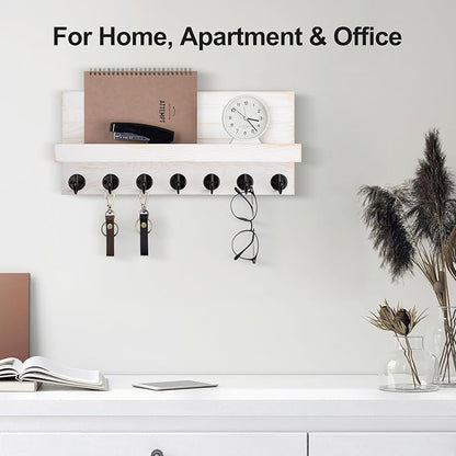 Key Holder Wall Mount, Entryway Key and Mail Holder with 7 Sturdy Hooks for Sunglasses, Dog Leash, Decorative Wall Shelf with Mounting Hardware, 15”W x 6.7”H x 4.2”D