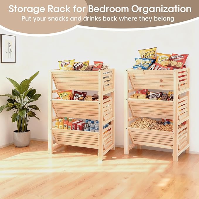 Wooden Potato Onion Storage Organizer, 3-Tier Stackable Pantry Cabinet & Countertop Basket for Kitchen, Vegetable Fruit Produce Bread Basket, Fir Wooden Storage Rack