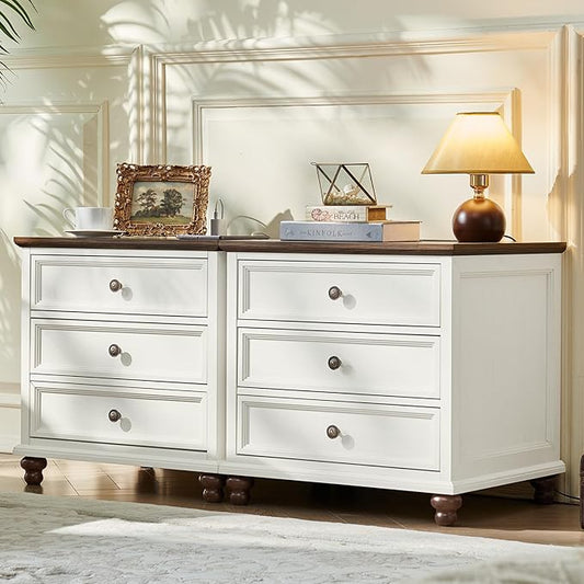 Joaxswe Farmhouse Nightstand Set of 2 with Charging Station, 24" Wide End Table with 3 Drawers,Dresser for Bedroom,Bed Side Table Chest of Drawers Cabinet,Wood White Night Stand for Living Room
