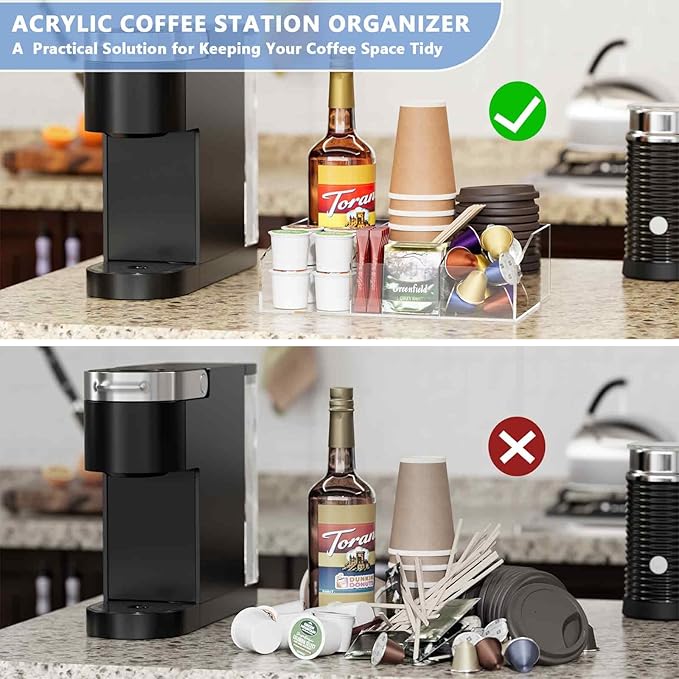 Coffee Bar Station Organizer, Acrylic Countertop Holder for Pod Cup Condiment Stirrers Snack Tea, Bar Accessories, Decor and Essentials, Gift for Coffee Lovers, Clear