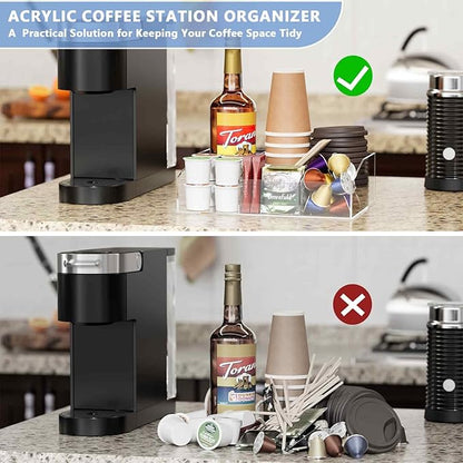 Coffee Bar Station Organizer, Acrylic Countertop Holder for Pod Cup Condiment Stirrers Snack Tea, Bar Accessories, Decor and Essentials, Gift for Coffee Lovers, Clear