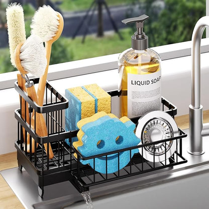Consuemst Sponge Holder for Kitchen Sink - Auto Draining Sink Caddy Organizer with Detachable Rack, High Brush Holder, Kitchen Countertop Storage Accessories, Black
