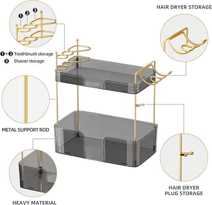 Akinbas 2 Tier Bathroom Organizer Countertop Makeup Perfume Tray Skincare Organizer Comes with Hair Dryer Rack and Toothbrush Holder for Bathroom Dresser Vanity (Grey)