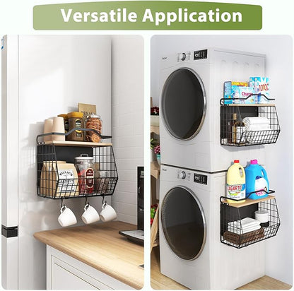 Wawocs Magnetic Shelf for Fridge with Wood Lid, 2 Tier Fruit Baskets Wall Mounted Hanging Basket with 4 Hanger Hooks, Potato and Onion Magnetic Storage Bins for Kitchen Counter, Refrigerator, Cabinet