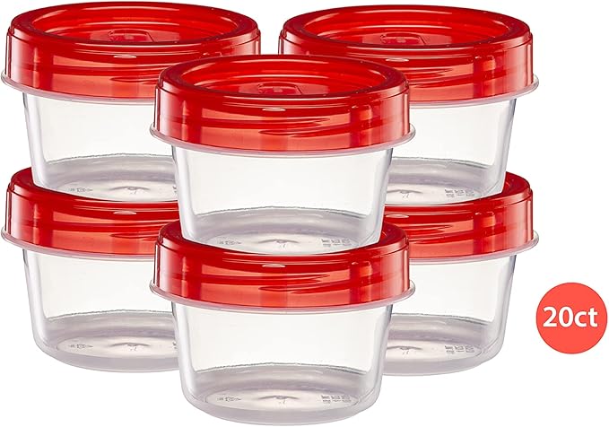 ELEGANT DISPOSABLES (4 Ounce 20 Pack) Twist cap Containers Clear Bottom With Red Top Screw on Lids Twist Top Food Storage Freezer Containers
