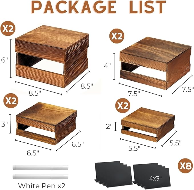 8PCS Wooden Buffet Risers and Stands with Reusable Table Signs, stackable Cube Rustic Wood Food Risers for Buffet Display, Cupcake Holder, Cupcake Stand, Dessert Table Display Set, 8PCS
