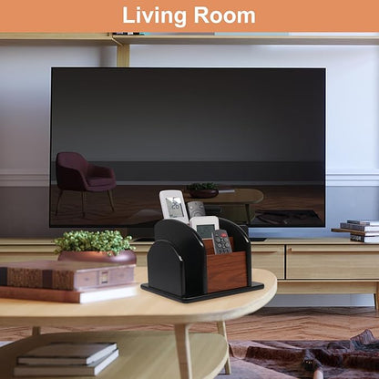 Coideal Remote Control Holder Caddy - Wooden Rotating Coffee Table Organizer Large Spinning Wood Remote Holder for Living Room Office (6 Compartments, Brown & Black)