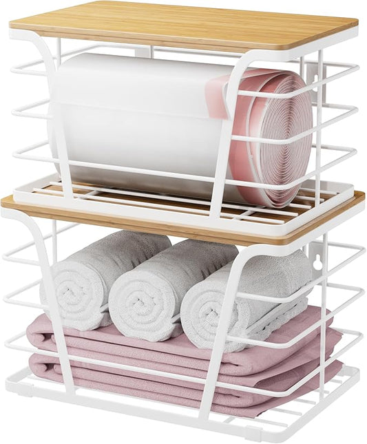 Extra Large 2 Pack Potato and Onion Storage Bins, Potato and Onion Storage Baskets with Bamboo Top, Trash Bag Dispenser, Storage Stackable for Kitchen Laundry Organizers, White