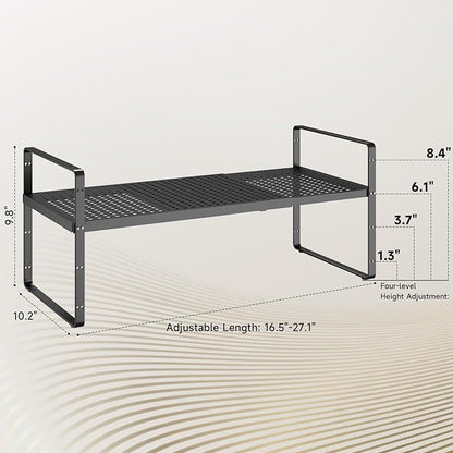 Hole Pattern Expandable Shelf Organizer,2Pack 10.2" Wide Easy to Assemble Cabinet Organizer Shelf, 16.5~27.1" Adjustable Height&Stackable Spice Organization for Cupboard, Black