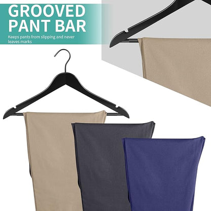 Perfecasa Grade A Real Wood Hangers 20 Pack, Suit, Coat, Solid Wood Construction, Smooth Finishes, Non-Slip Pants Bars, Soft Coated Hooks, 360° Swivel Hooks, Premium Quality Wooden Hangers (Black)