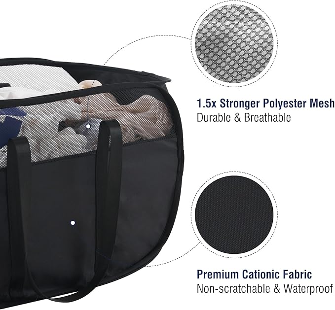 TECHMILLY Collapsible Laundry Basket, Foldable Tear Proof Mesh Pop Up Hamper with Reinforced Carry Handles for Laundry, Bathroom, Dorm or Travel (Black)