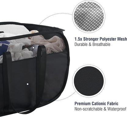 TECHMILLY Collapsible Laundry Basket, Foldable Tear Proof Mesh Pop Up Hamper with Reinforced Carry Handles for Laundry, Bathroom, Dorm or Travel (Black)