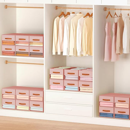 Stackable Storage Drawers - Pull Out Storage Bins with Drawers for Closet Clothes Organizers with Weekly Labels & Clear Window, Closet Shelf Storage for Bedroom, Living Room, 5 Pack, Pink
