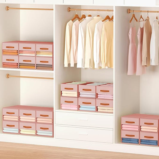 Stackable Storage Drawers - Pull Out Storage Bins with Drawers for Closet Clothes Organizers with Weekly Labels & Clear Window, Closet Shelf Storage for Bedroom, Living Room, 5 Pack, Pink