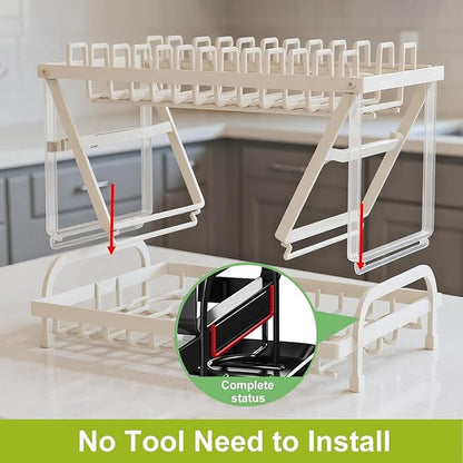 2-Tier Dish Drying Rack for Kitchen Counter - Space-Saving Dish Drainer with Extendable Drainboard, Removable Cutlery Holder, Cup & Knife Slots, Multifunctional Plate & Bowl Organizer (White)