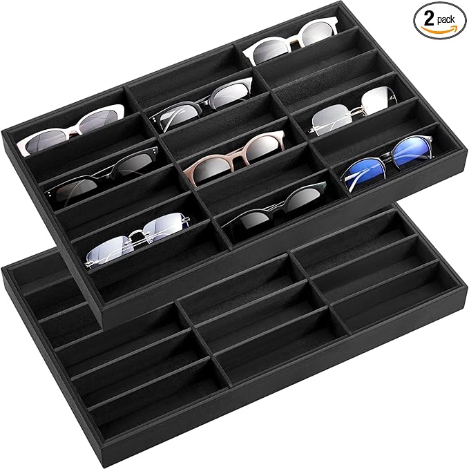 Amylove 2 Pcs Sunglass Organizer Trays Glasses Stackable Jewelry Trays Sunglass Organizer Display Box (18 Grids,Black)