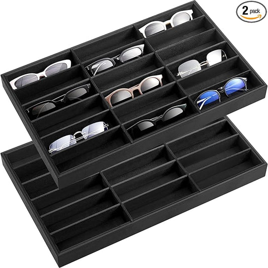 Amylove 2 Pcs Sunglass Organizer Trays Glasses Stackable Jewelry Trays Sunglass Organizer Display Box (18 Grids,Black)
