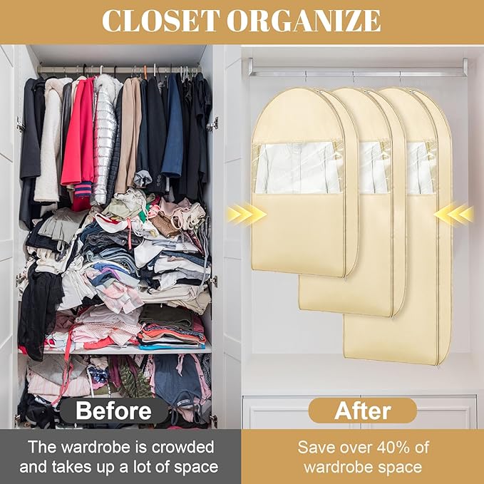 Space Saving Hanging Garment Bag with Self Compression Seal, Large Clear Garment Storage Bags for Jackets and Suits, Closet Bags Clothes (Beige, 3PCS(XL))