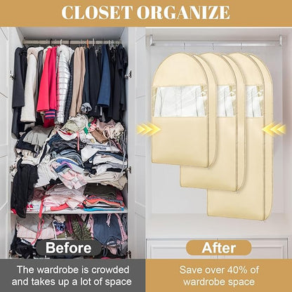Space Saving Hanging Garment Bag with Self Compression Seal, Large Clear Garment Storage Bags for Jackets and Suits, Closet Bags Clothes (Beige, 3PCS(XL))