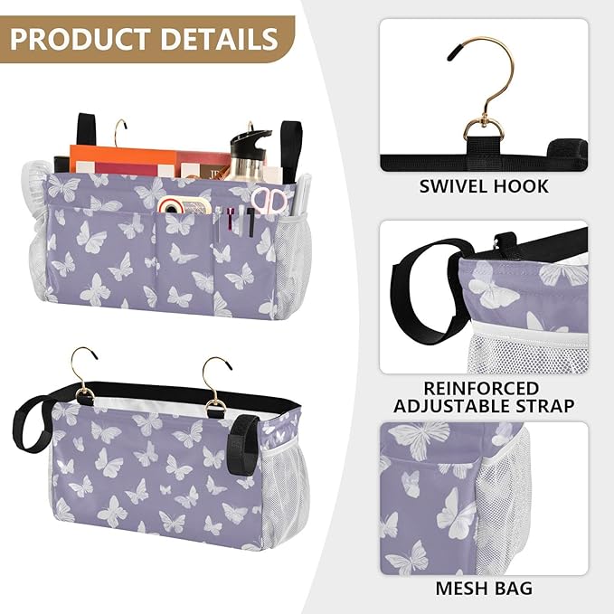 CuwrYet Bedside Caddy Hanging Bunk Bed Caddy Bed Organizer Hanging Pocket with 2 Hooks Bedside Storage Organizer Pocket Bag Holder White Butterfly Purple