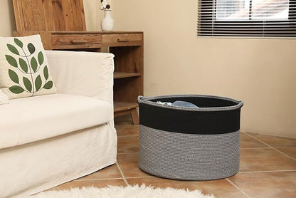24" x 24" x 17" Max Size Large Cotton Rope Basket, Extra Large Storage Basket, Woven Laundry Hamper, Cloth Storage Bin, for Blankets Clothes Towels Pillows in Living Room, Black in Grey Mix