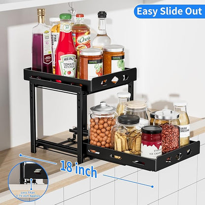 Pull Out Spice Racks for Inside Cabinets, 2-Tier Cabinet Spice Rack, Height Adjustable Spice Rack Organizer for Cabinet, Kitchen Vertical Spice Rack (9.7''Wx10.8''Dx9.2''H, Metal Black)