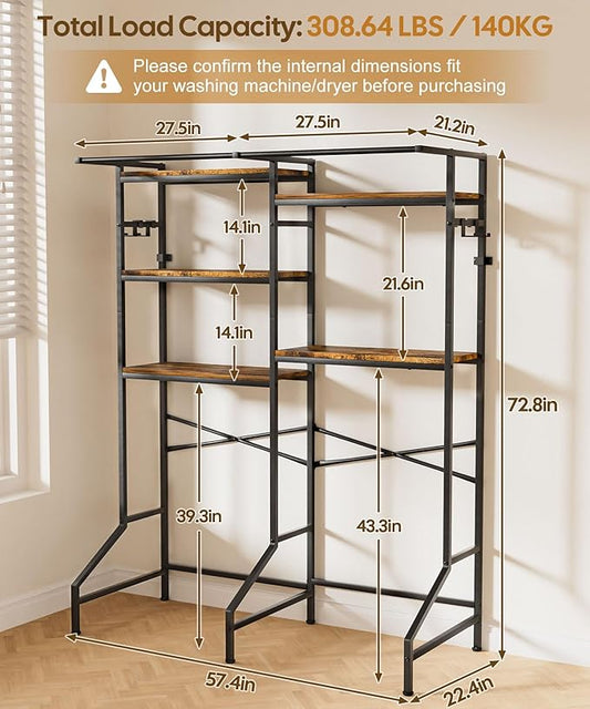 Homde Over The Washer and Dryer Storage Shelf, 5-Tier Heavy Duty Laundry Room Organizer Standing Shelf with Hanger Rod & Anti-Tip, Space Saving Rust Proof Shelving for Bathroom, Balcony