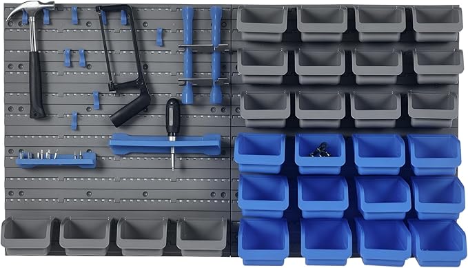 DURHAND Wall Mounted Storage Bins, 44PC Pegboard Tool Organizer Rack Kit Garage Plastic Shop Tool, Blue