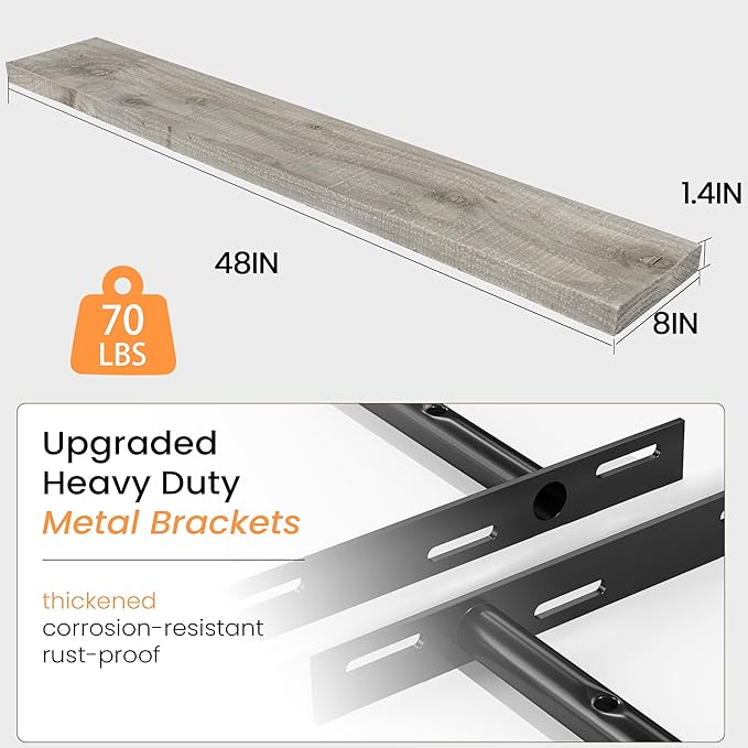 Fun Memories Floating Shelves for Wall Decor, 48"x8" Rustic Reclaimed Wood Shelves, Heavy-Duty Wall Mounted Shelves with Invisible Brackets for Living Room, Bedroom, Kitchen, Grey Finish, Set of 2