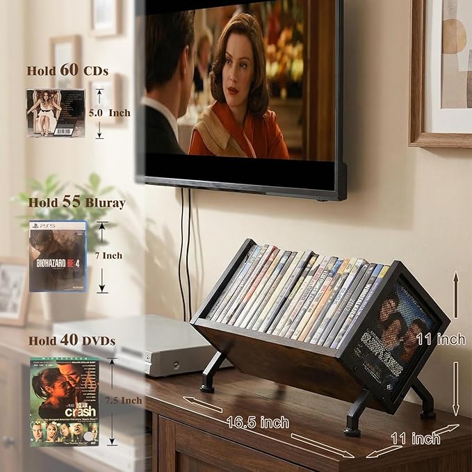 DVD & CD Storage Rack, Blu ray Storage Shelve Holds Up To 28 DVD Cases, Wooden Media Holder also Used for CDs, Video Game, Vhs Taps Storage, Retro Style Desktop organizer
