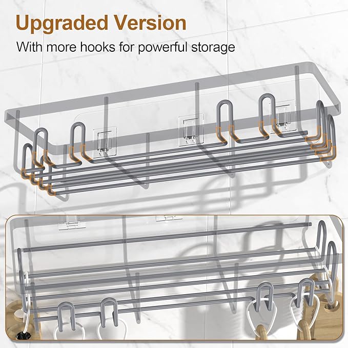 Getsrichfc 2025 New Adhesive Shower Caddy, Shower Shelves with 16 Hooks, Grey 2 Pack
