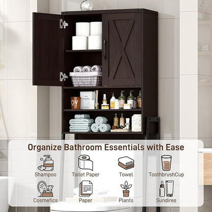 Vabches Over The Toilet Storage Cabinet, Farmhouse Over Toilet Storage Cabinet, Metal Frame with Barn Doors, Home Space-Saving Toilet Rack for Bathroom, Toilet, Laundry Room