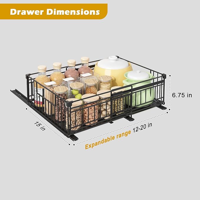 REALINN 2 Pack Pull Out Cabinet Organizer, Expandable(12"-20") Slide Out Drawers 3 Slide Rails Fix with Adhesive or Screw, Roll Out Shelves for Kitchen Cabinet Organization, Black, 6.75in height
