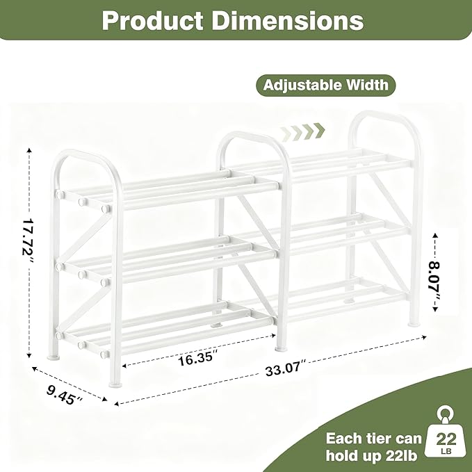 3-Tier Shoe Rack for Closet, 16"-33" Expandable ShoeRackAdjustable for Entryway Closet Doorway SturdyMetal, White