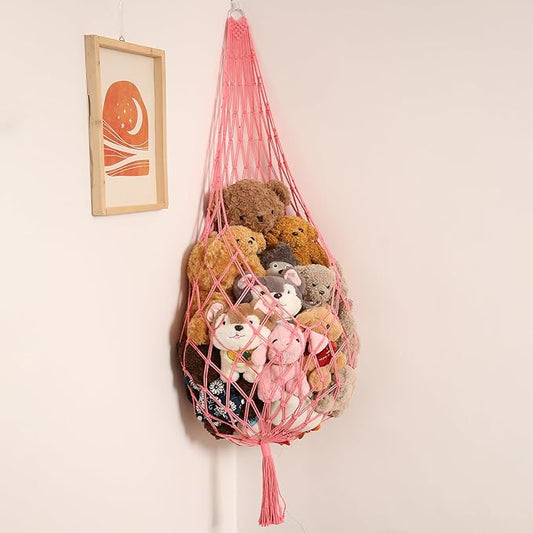 Stuffed Animal Net or Hammock Corner Hanging Net for Stuffy Animal Storage Macrame Toy Display Plush Toy Holder Wall Pet Net for Nursery Kid Bedroom Decor Playroom Organizer (Pink)