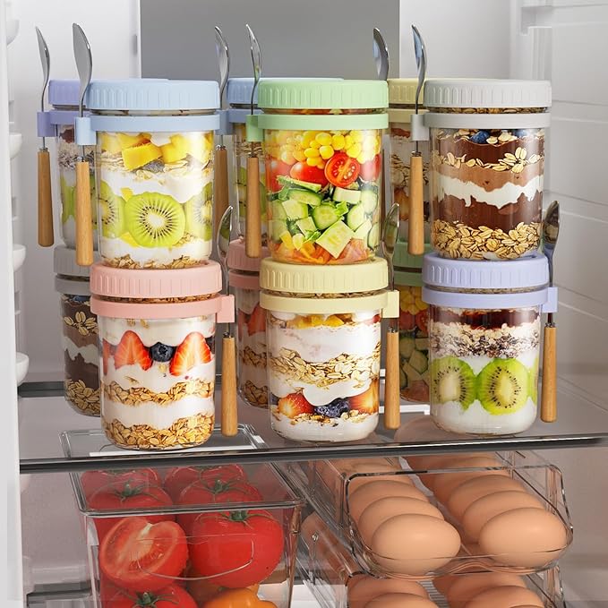 16oz Overnight Oats Containers with Lids and Spoons, 4 Pack Wide Mouth Mason Jars with Airtight Lids, Overnight Oats Jars for Salad, Chia Seed, Cereal, Yogurt
