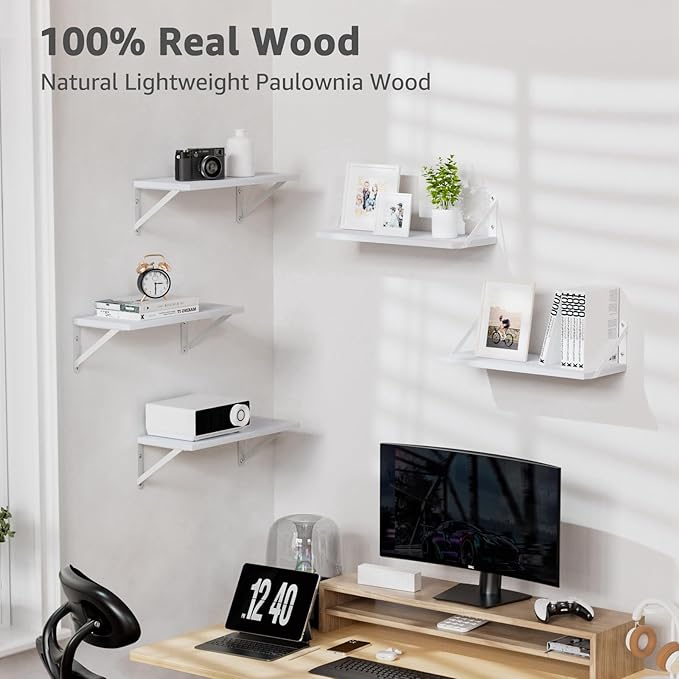 Wall Shelves 7.3" Deep Set of 4, Solid Paulownia Wood Wider Longer Sturdy Easy to Install Wall Mounted Bookshelves Storage Shelves Bathroom Home Office Laundry Room Bedroom Organizer White