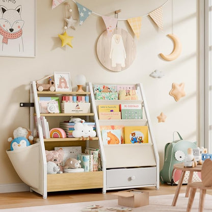 Kids Bookshelf and Toy Storage - Book Shelf for Kids Rooms, Toddler Bookshelf Baby Bookcase for Nursery, Montessori Toy Organizer, Burlywood