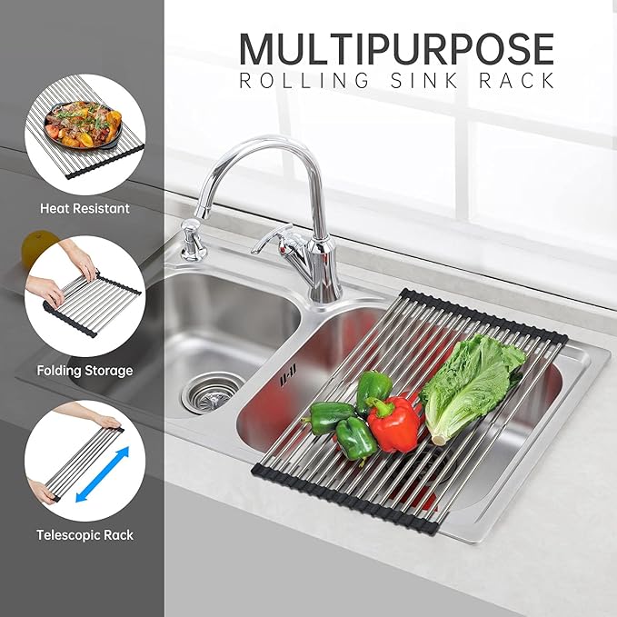 CHIRISEN Expandable Large Roll Up Dish Drying Rack, Foldable Over The Sink Dish Drying Rack, Rolling Dish Drainer Stainless Steel Roll Rack for Kitchen Sink Counter (Black, 21.25x12.79)