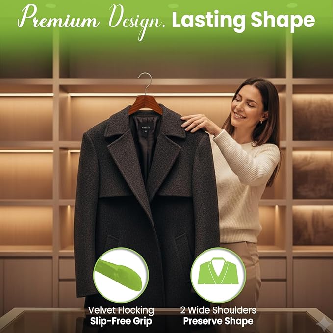 All Hung Up Hangers - Premium Luxe Wooden Hangers for Women, Wide Shoulder Design for Dresses, Skirts, Sweaters & Blouses, Heavy Duty with Velvet Grip, High Gloss Brown with Brown Velvet, 6 pcs