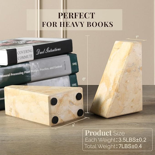 Koville Marble Bookends for Shelves, Large Bookends for Heavy Books, Non-Slip Heavy Duty Book Stopper for CD/Movies, Aesthetic Decorative Bookends for Shelves Table Home Decor(Gold)