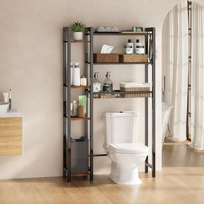 NEHAJUNXI Over The Toilet Storage with Side Rack, 7-Tier Bathroom Organizer with Adjustable Shelf & Drain Basket & 4 Hooks, Freestanding Space Saver for Balcony, Laundry (Vintage Brown)