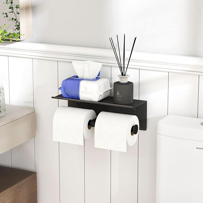 YUMORE Toilet Paper Holder, 304 Stainless Steel Bathroom Double Roll Tissue Holder with Shelf, Wall Mounted Washroom Dual TP Dispenser Storage（Black）