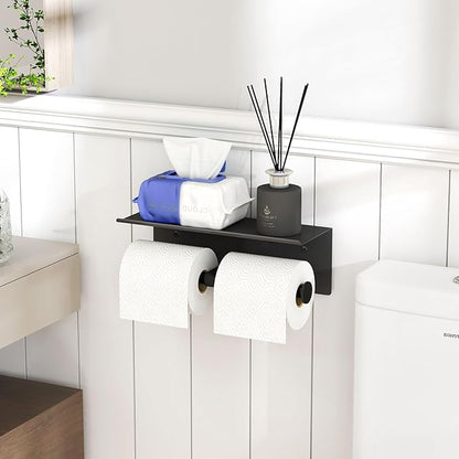 YUMORE Toilet Paper Holder, 304 Stainless Steel Bathroom Double Roll Tissue Holder with Shelf, Wall Mounted Washroom Dual TP Dispenser Storage（Black）