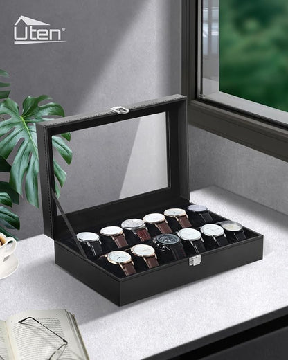 Uten Watch Boxes 12 Slots, Watch Box for Men, Watch Display Case, Watch Storage Box with Removable Cushion, Metal Clasp, PU Leather, Black
