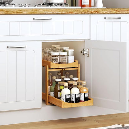 Bamboo Under Sink Organizer and Storage, 1 Pack Pull Out Cabinet Organization, 2 Tier Vertical Slide Out Undersink Storage Shelf, Multi-Purpose Organizer Shelves for Kitchen Bathroom Medicine